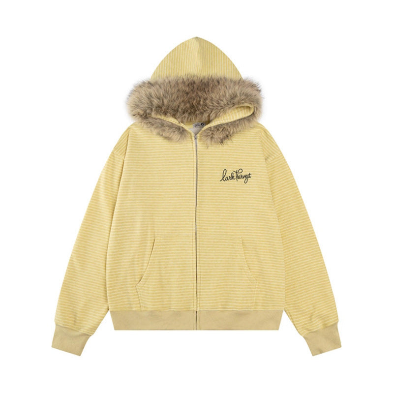 Women's striped detachable fur collar zip-up hoodie