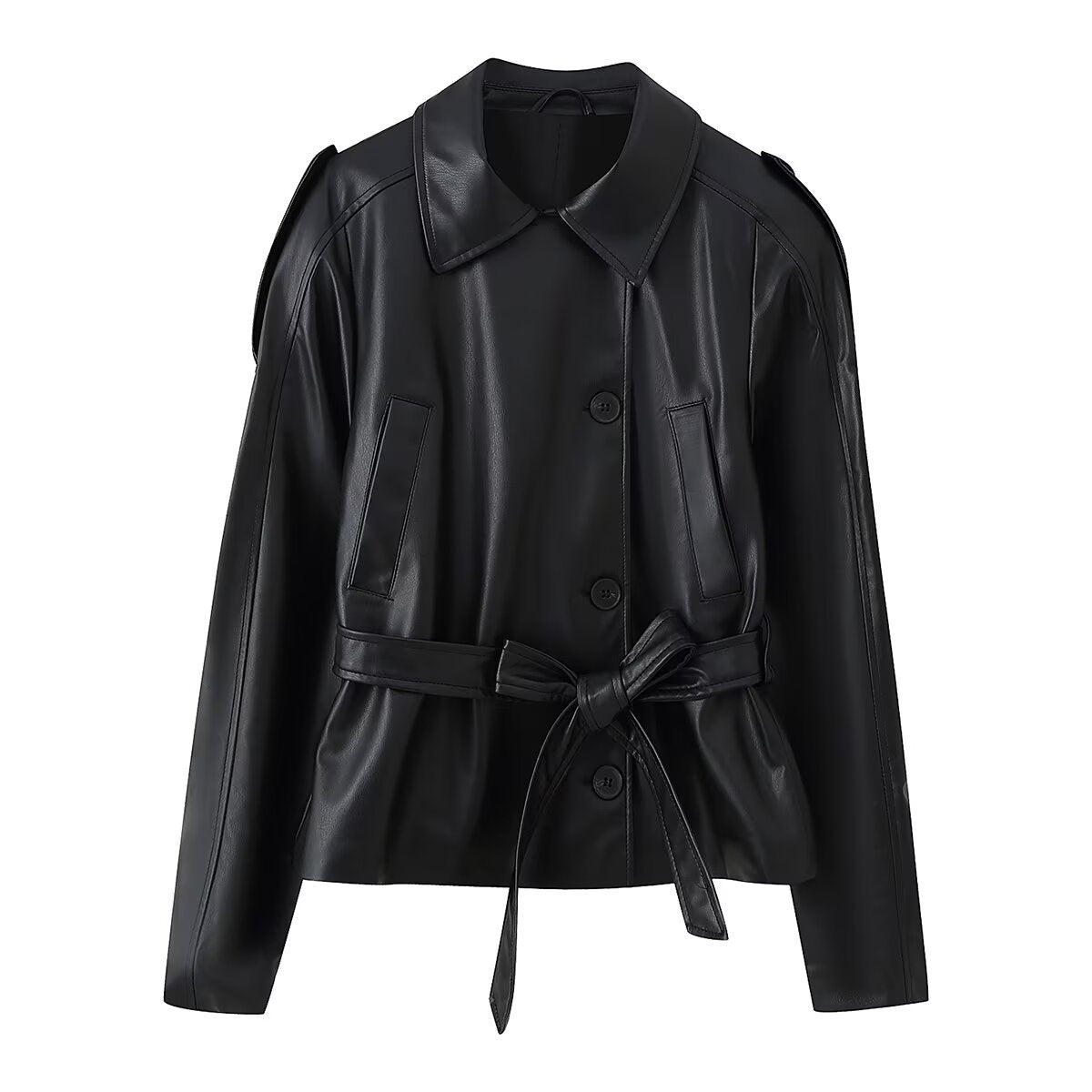Image of Zeratta Women's black faux leather short trench coat