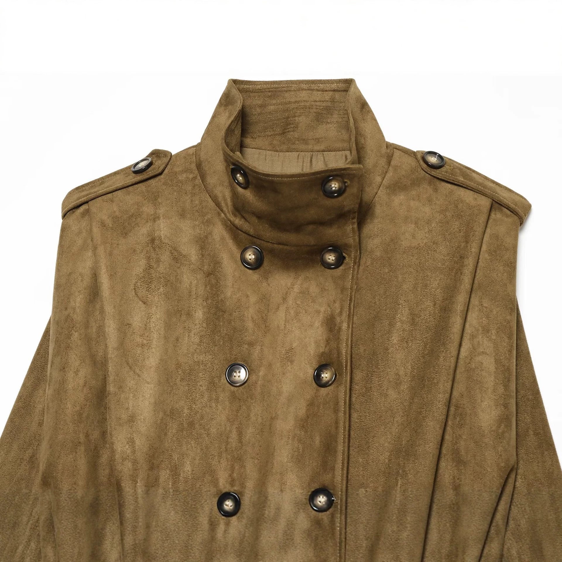 Image of Women's camel pleated stand collar trench coat