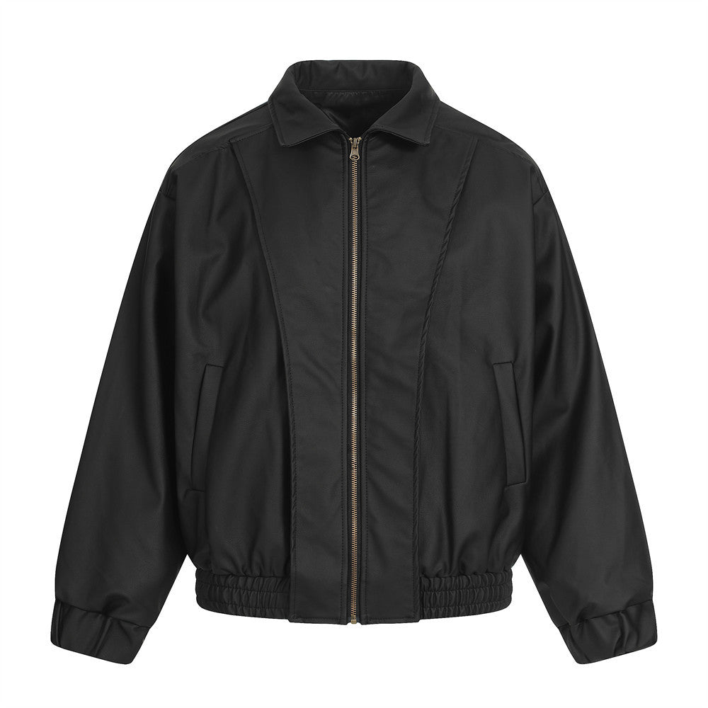 Black mid-length faux leather zip-up jacket