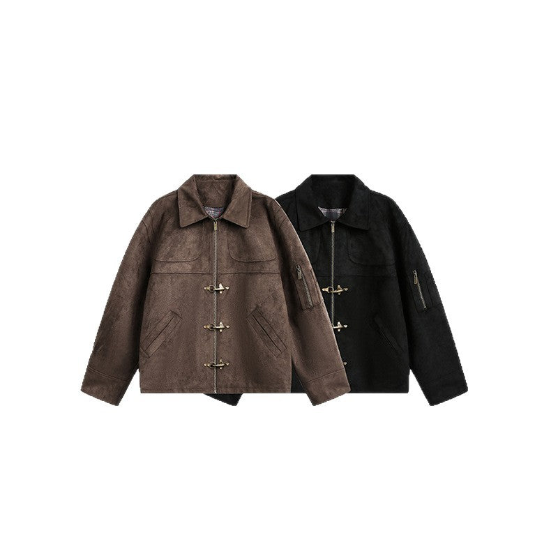 Image of Chaqueta unisex vintage de poliéster con botones a presión y efecto desgastado