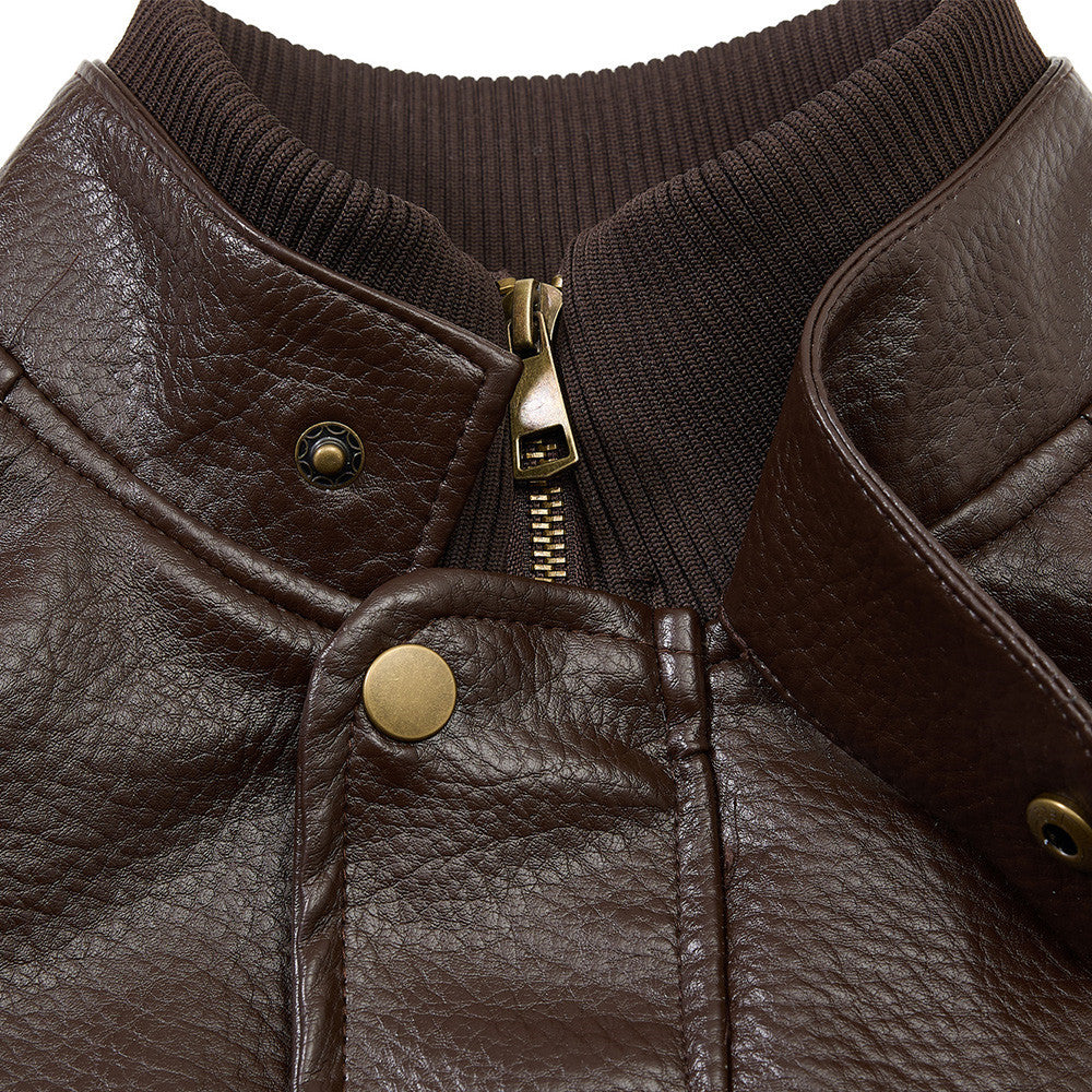 Image of Stand collar faux leather utility zip-up jacket
