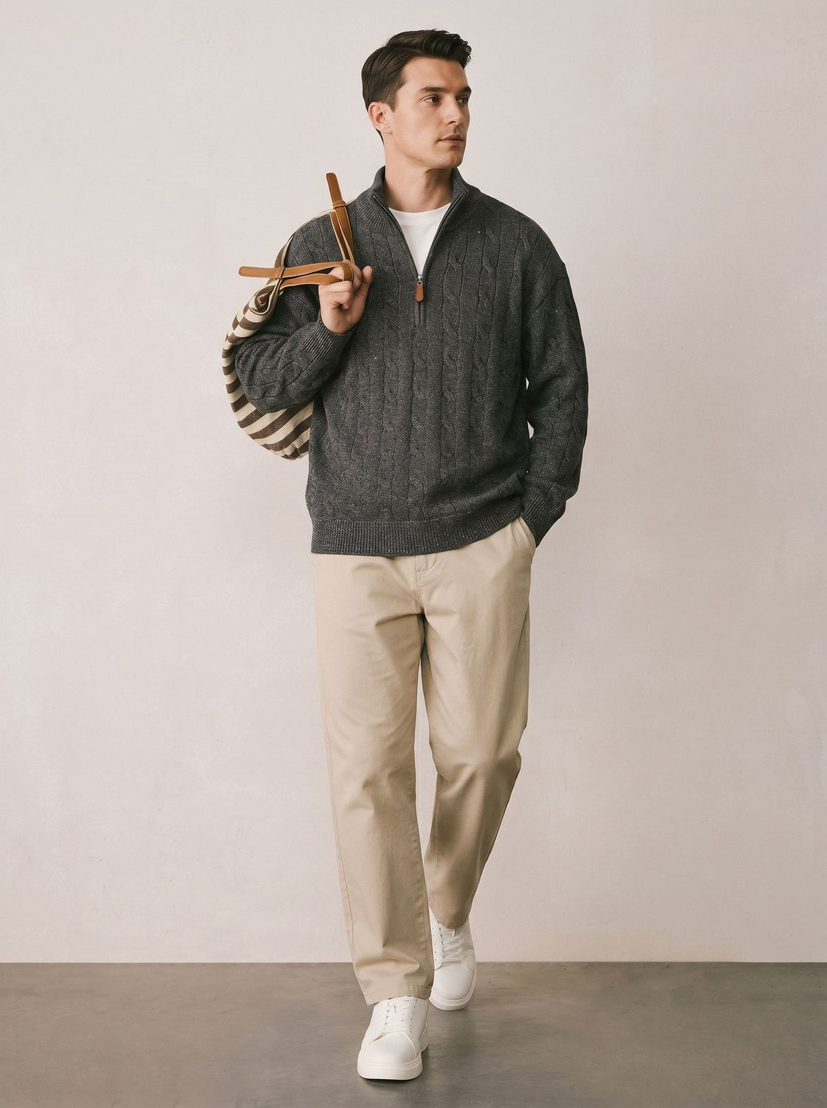 Men's loose fit stand collar half-zip sweater