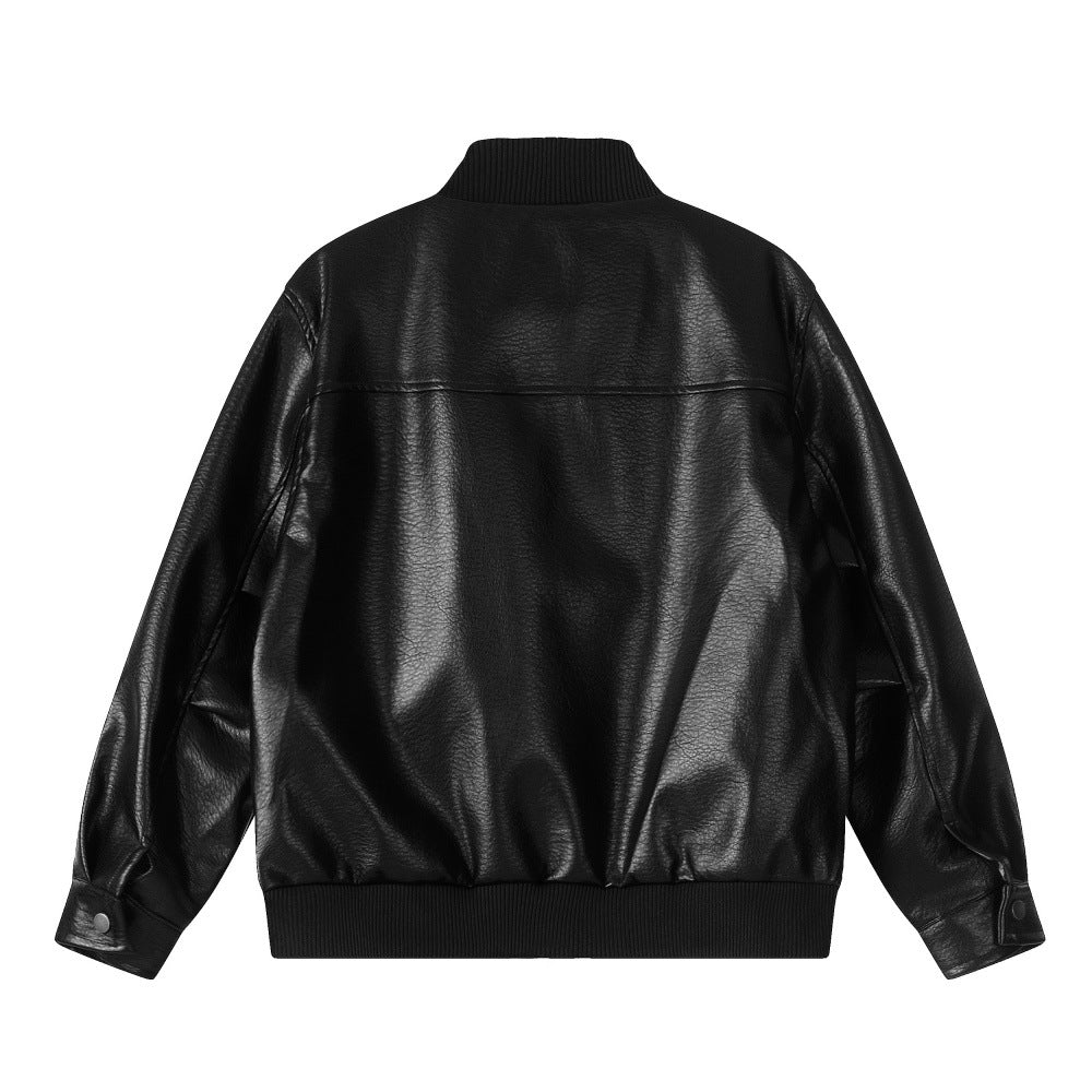 Image of Black stand collar faux leather zip-up jacket