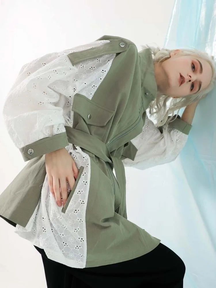 Image of Green lace patchwork mid-length trench jacket