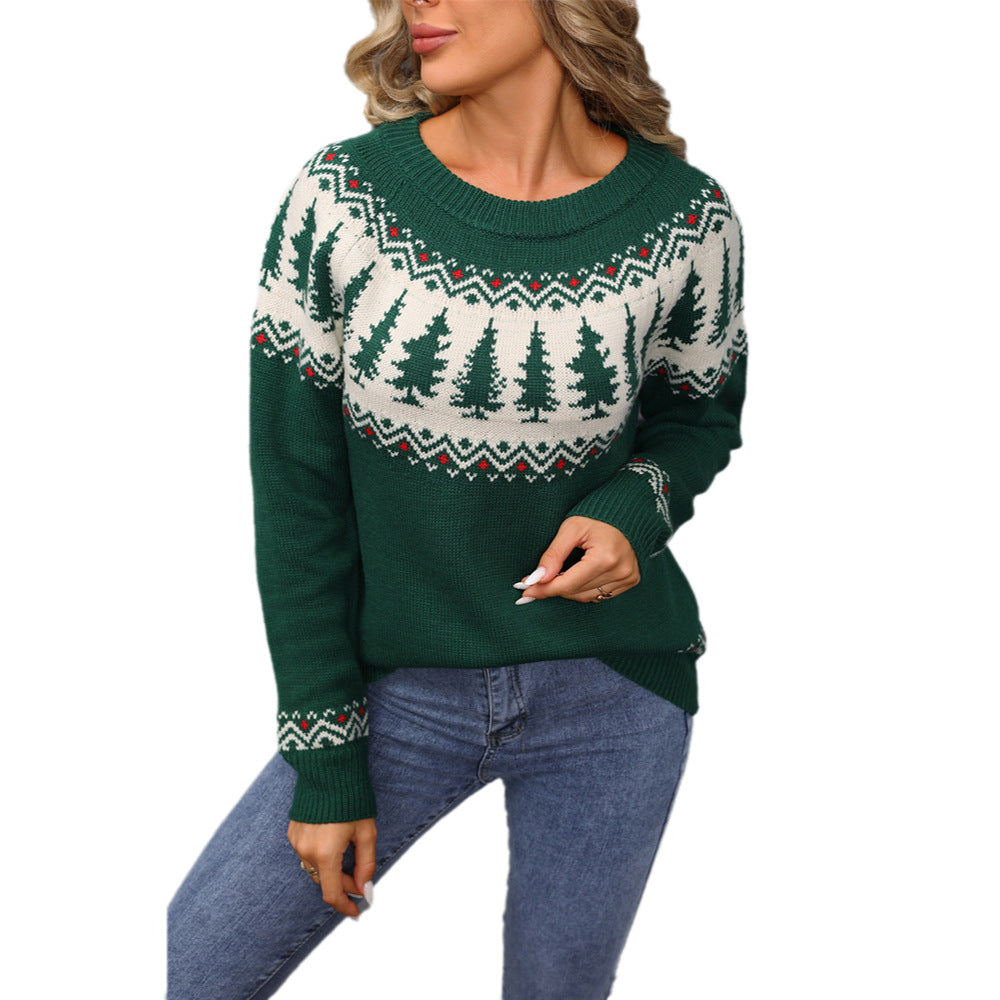 Suéter de jacquard verde con diseño de árbol de Navidad para mujer