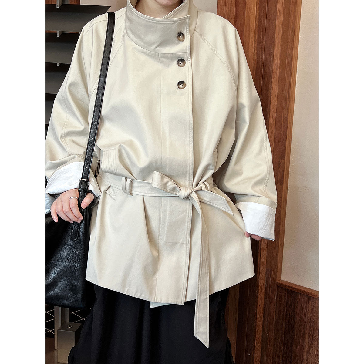 Image of Women's lace-up stand collar short trench coat