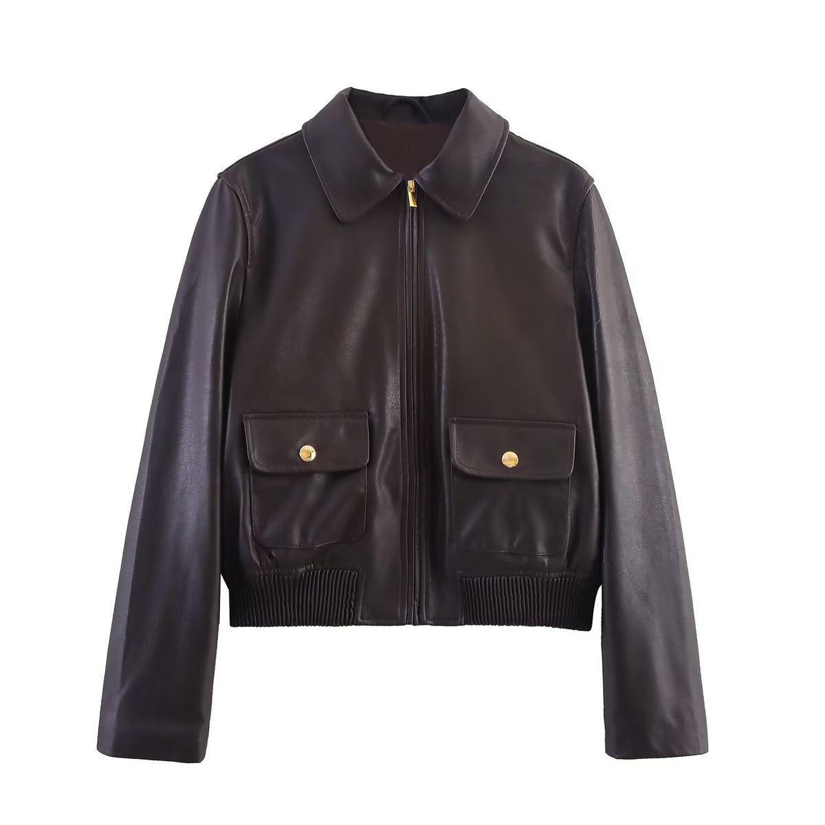 Chaqueta marrón con cremallera y efecto piel