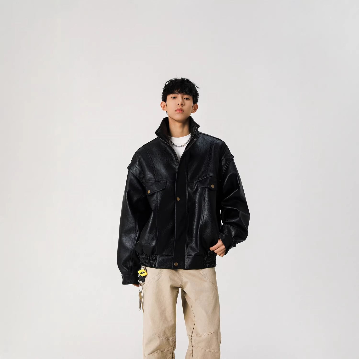Image of Chaqueta motera de cuello mao para hombre, acolchada o sin acolchar