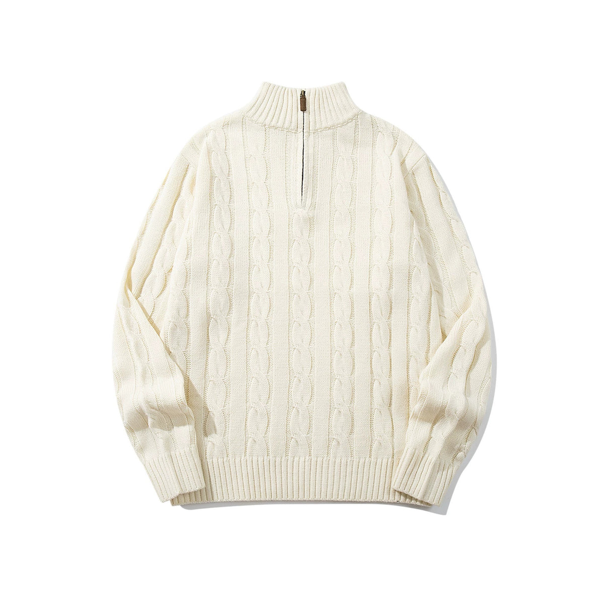 Cable knit half-zip high neck pullover sweater