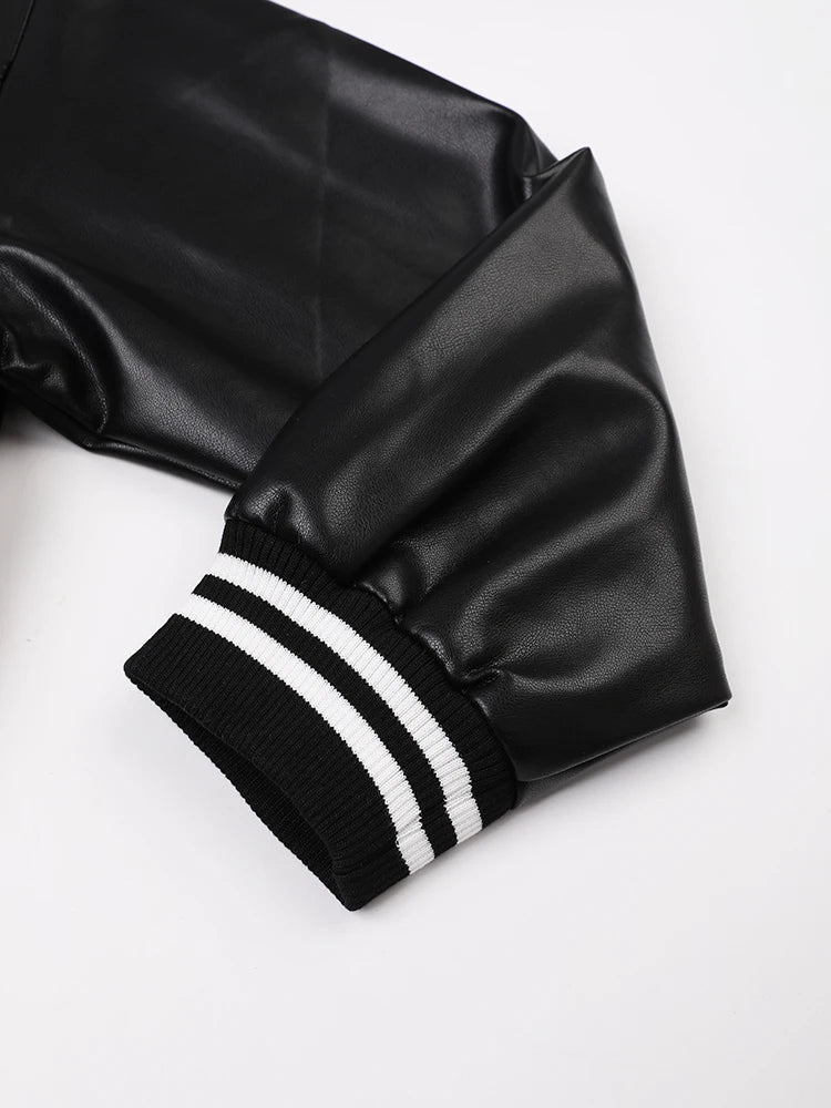 Image of Women's black striped faux leather jacket
