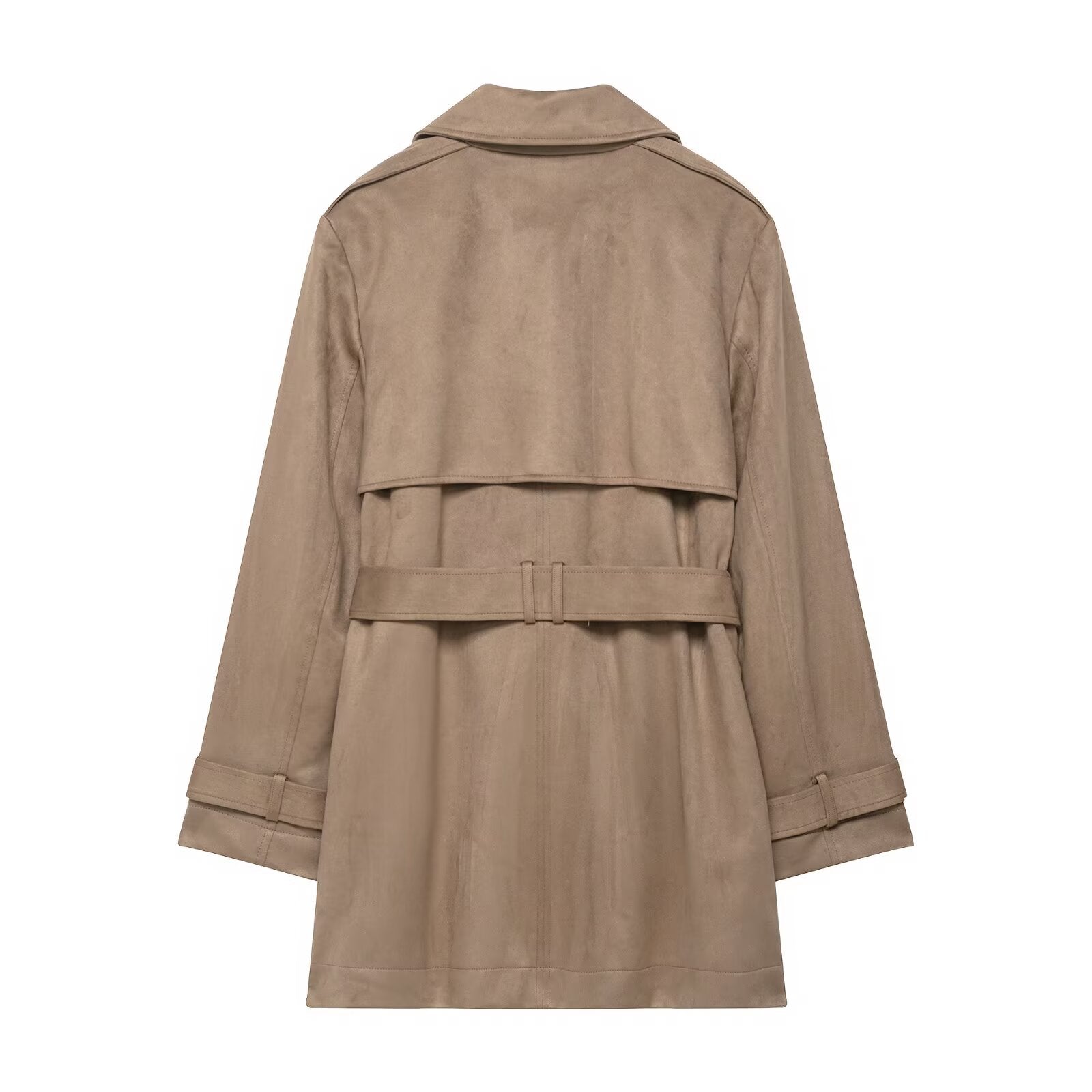 Image of Trench coat cruzado de color camel con cuello cuadrado para mujer