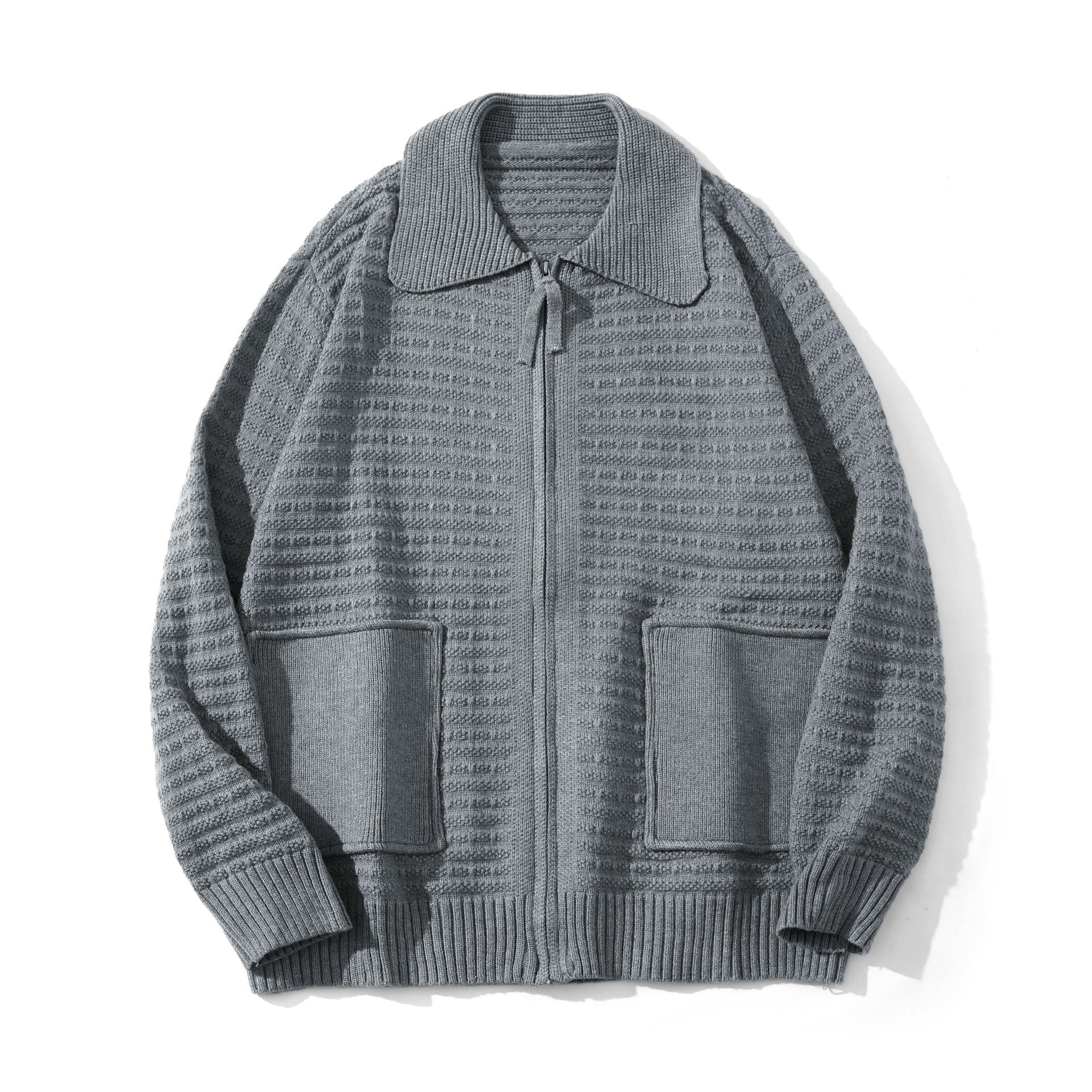 Image of Acrylic knit collared zip-up cardigan