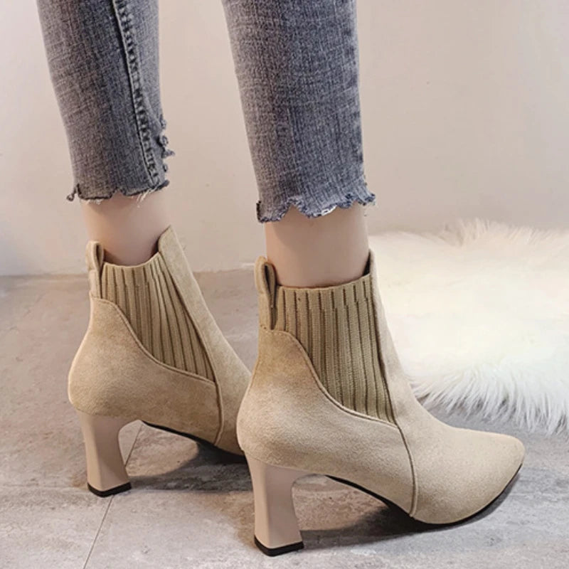 Image of Women's knitted pointed toe high heel ankle boots