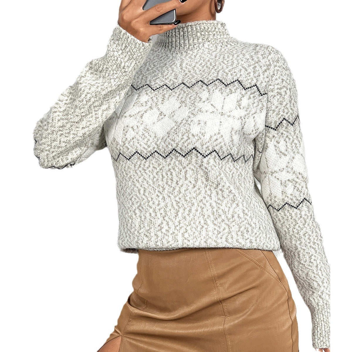 Suéter navideño de cuello medio con jacquard de copos de nieve para mujer