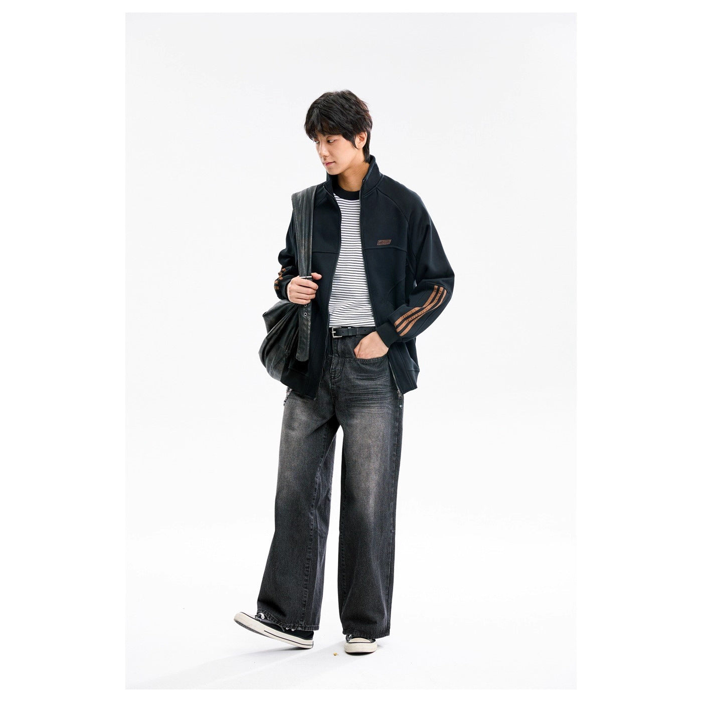 Image of Fleece-lined stand collar cotton zip-up hoodie