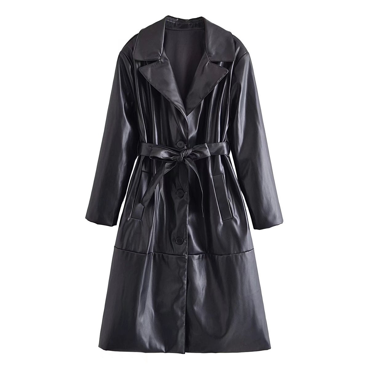 Zeratta Black belted faux leather trench coat