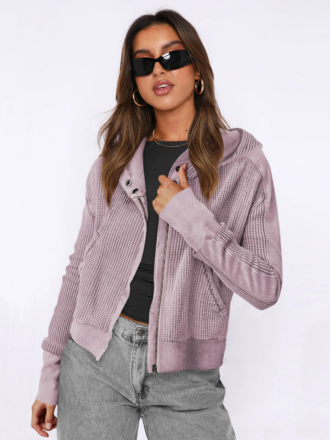 Image of Women's colorblock waffle knit zip-up jacket
