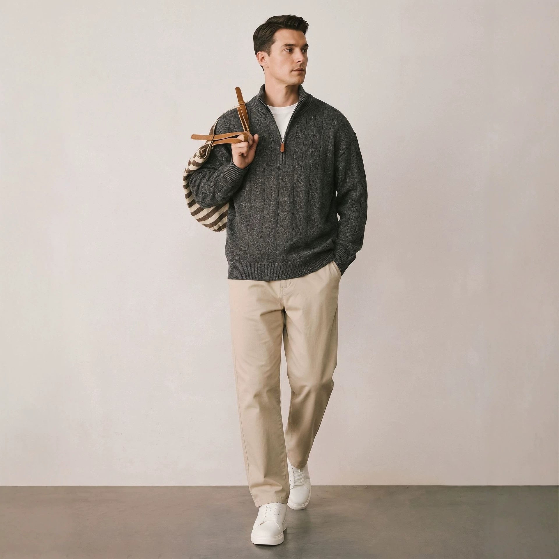 Image of Men's loose fit stand collar half-zip sweater