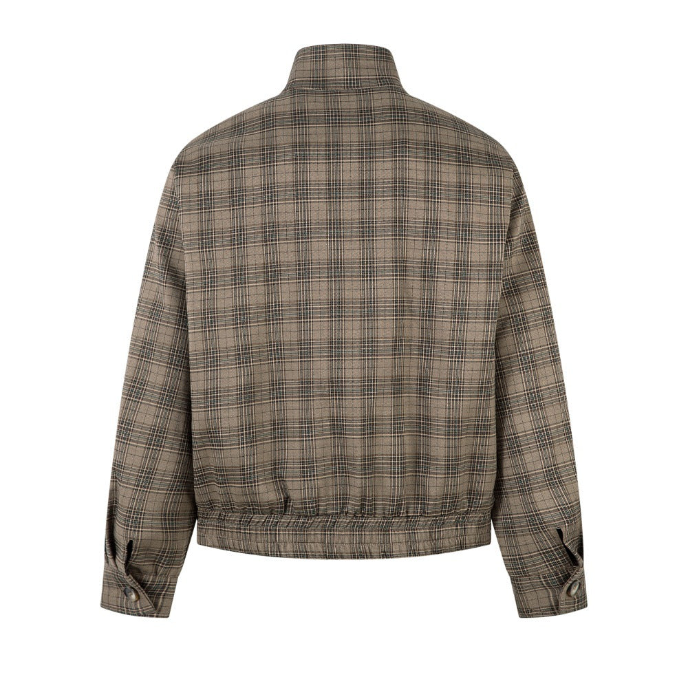 Chaqueta marrón de cuadros con cuello mao y cremallera para hombre