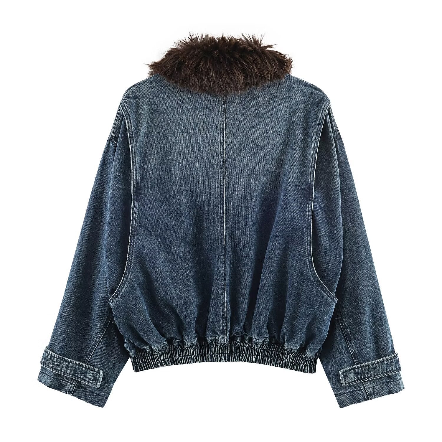 Image of Chaqueta tipo aviador de mezclilla azul con cremallera para mujer