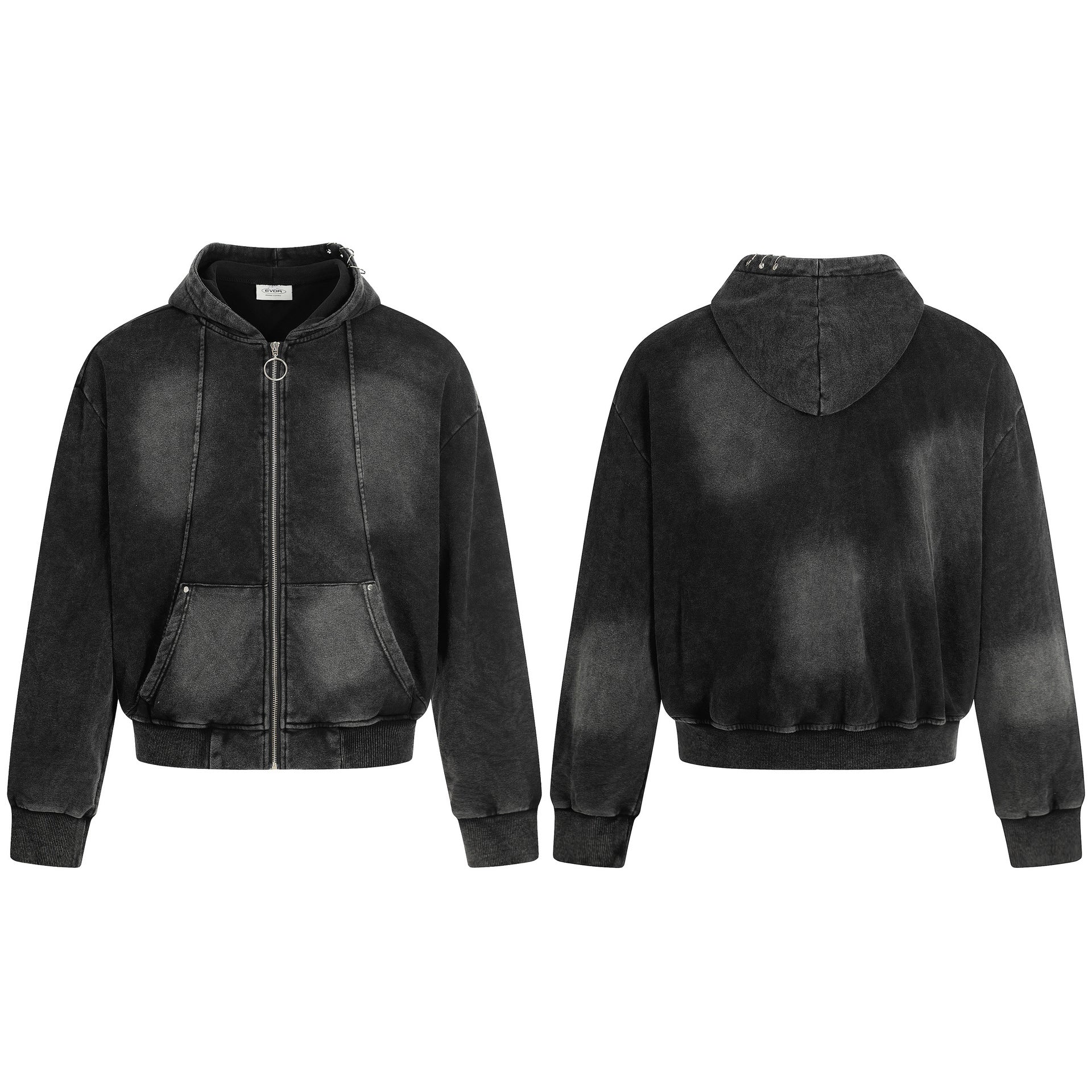Image of Black distressed cotton zip-up hoodie
