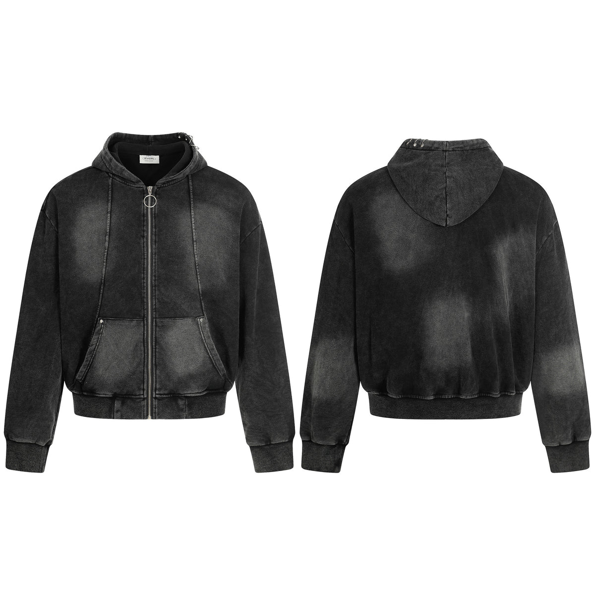 Black distressed cotton zip-up hoodie