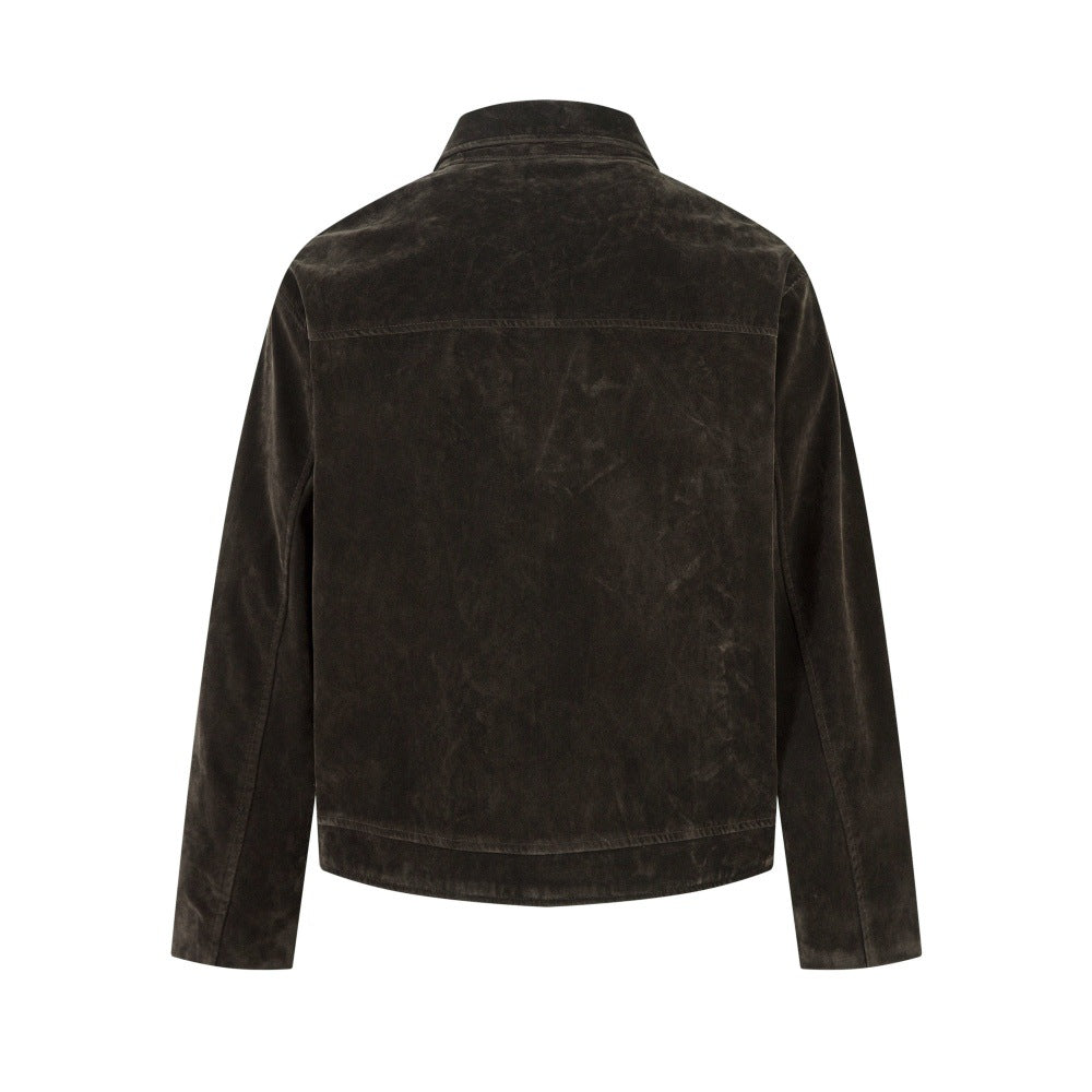 Image of Loose fit suede-texture lapel zip-up jacket