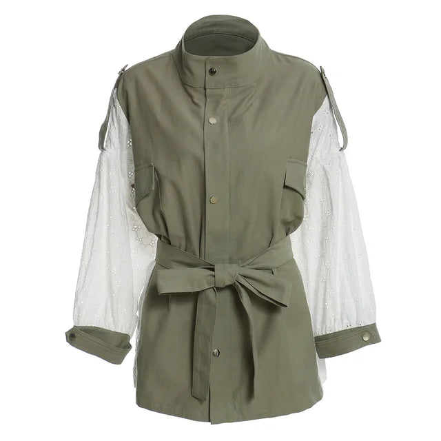 Image of Green lace patchwork mid-length trench jacket