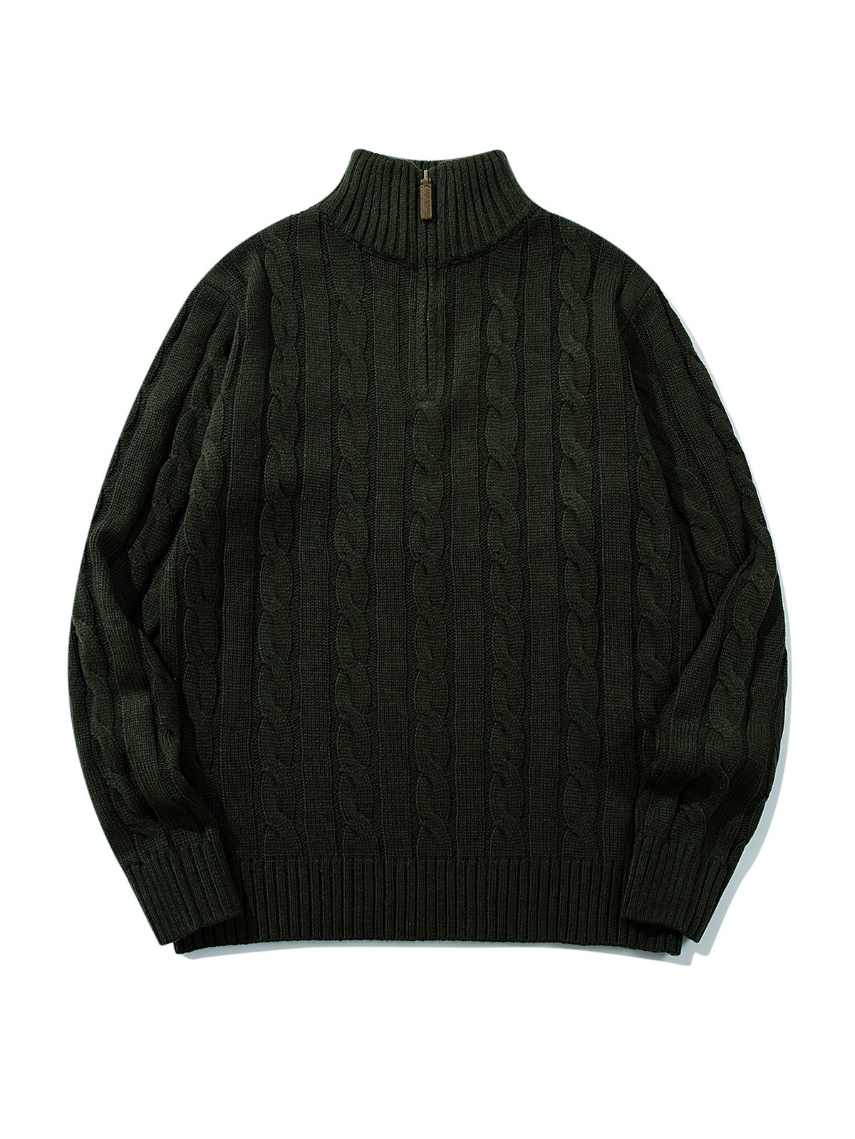 Cable knit half-zip high neck pullover sweater