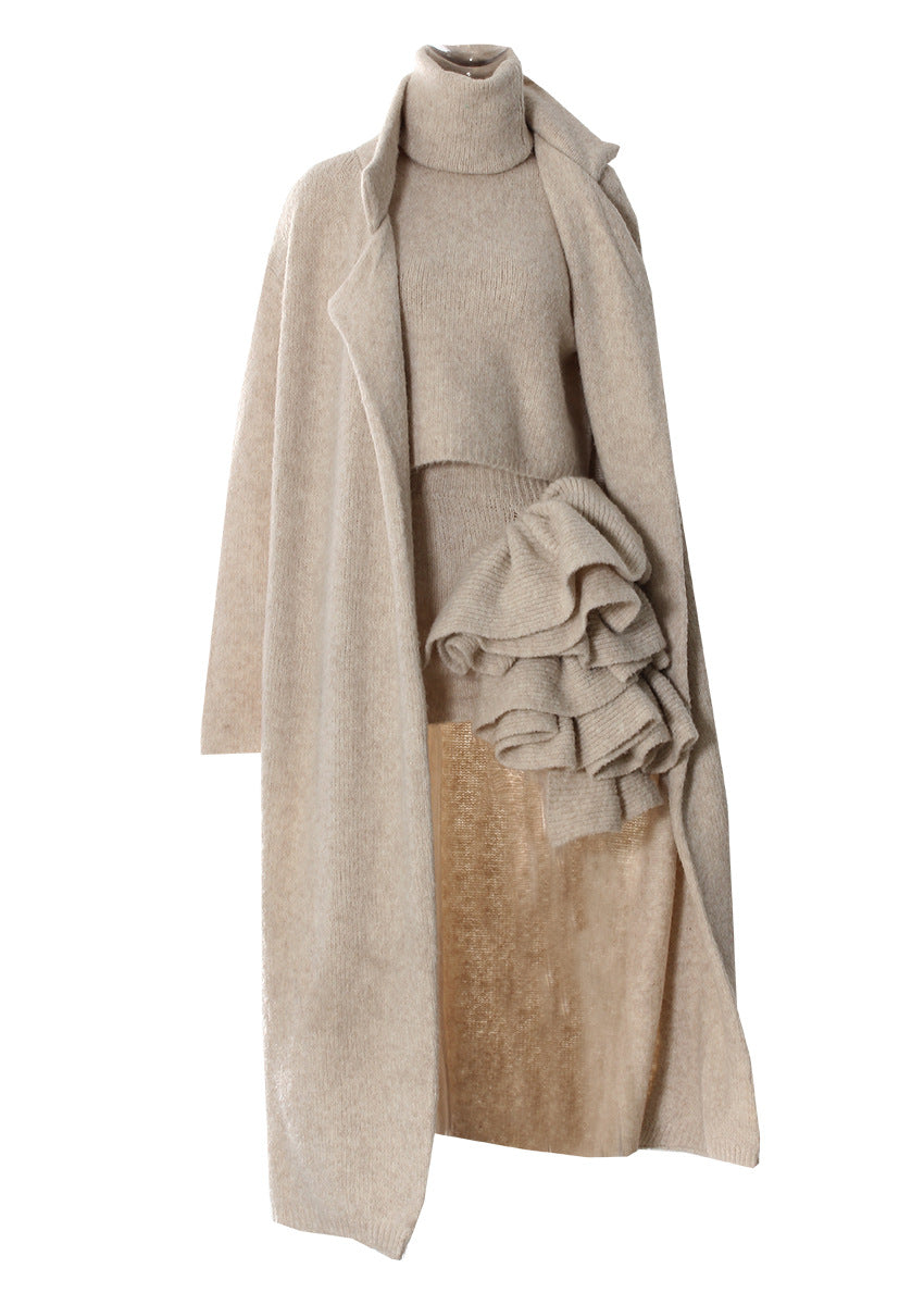 Women's three-piece turtleneck vest and skirt knit set