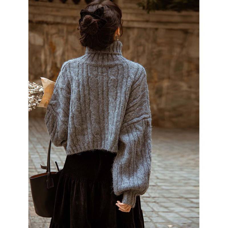 Gray cable knit high neck pullover sweater