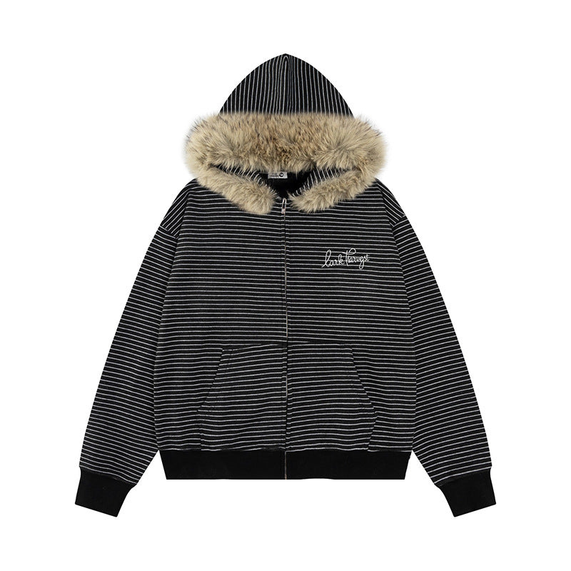 Image of Women's striped detachable fur collar zip-up hoodie
