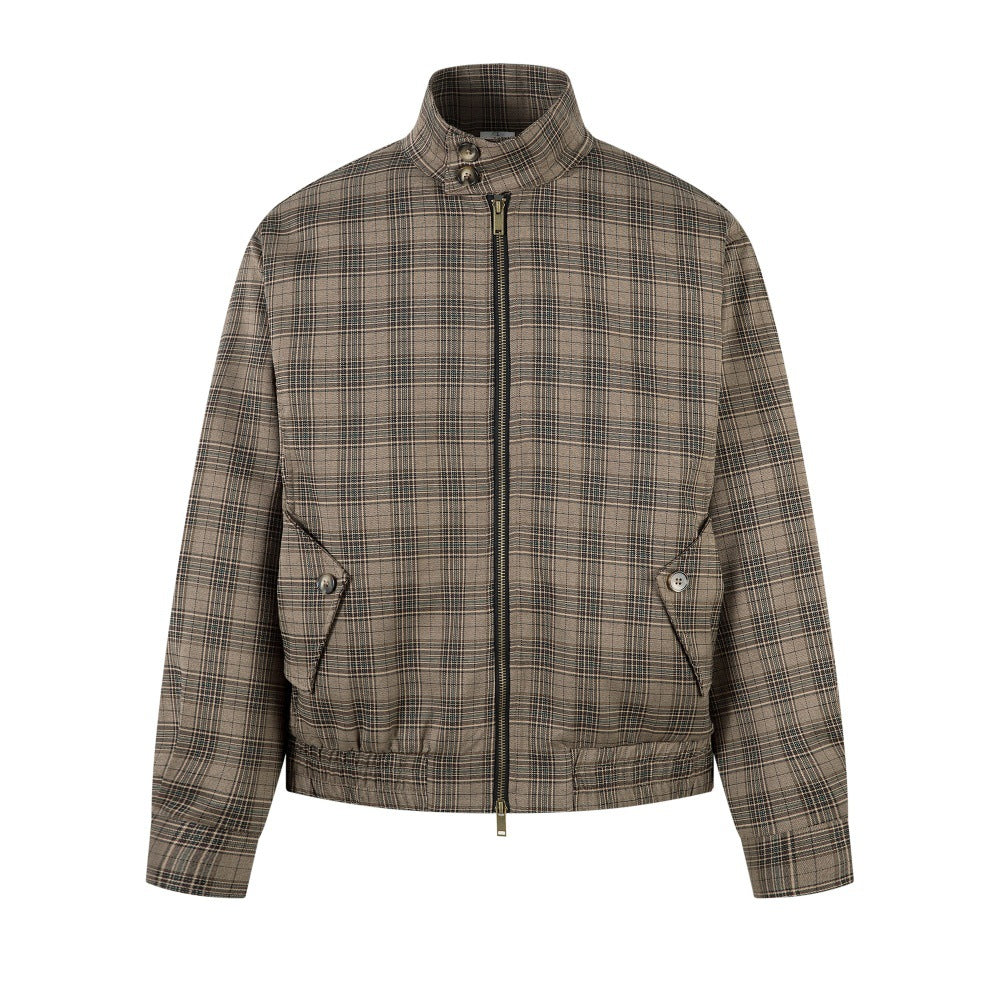 Chaqueta marrón de cuadros con cuello mao y cremallera para hombre