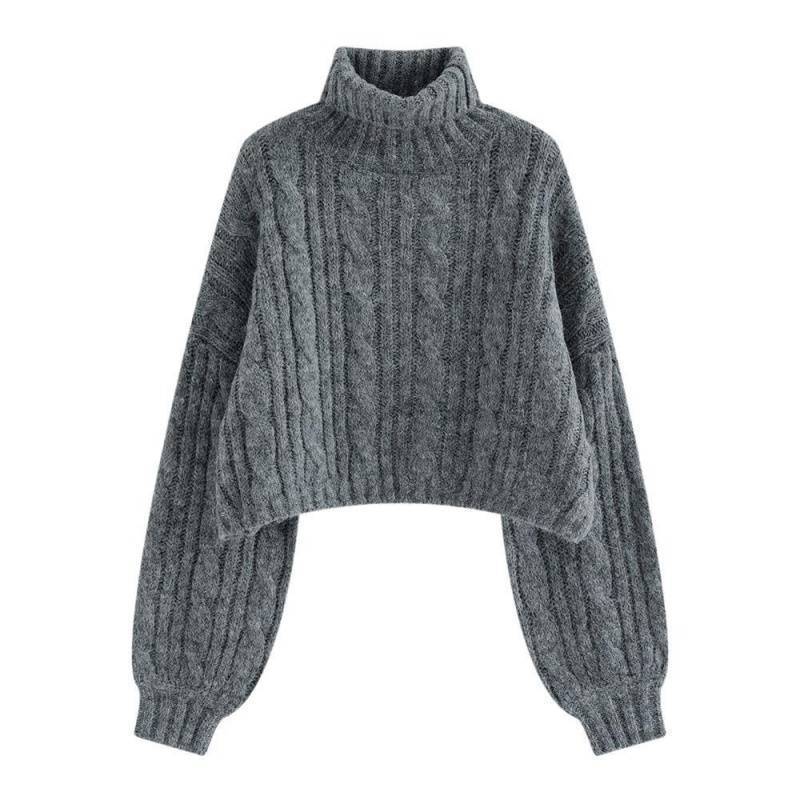 Gray cable knit high neck pullover sweater