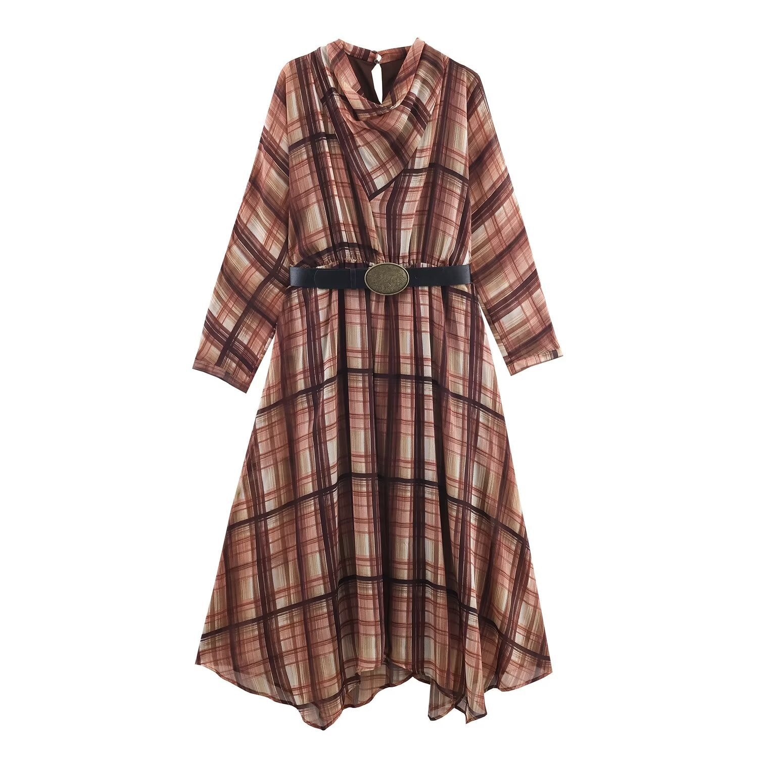 Image of Women's Plaid Scarf-Neck Midi Dress — main product photograph