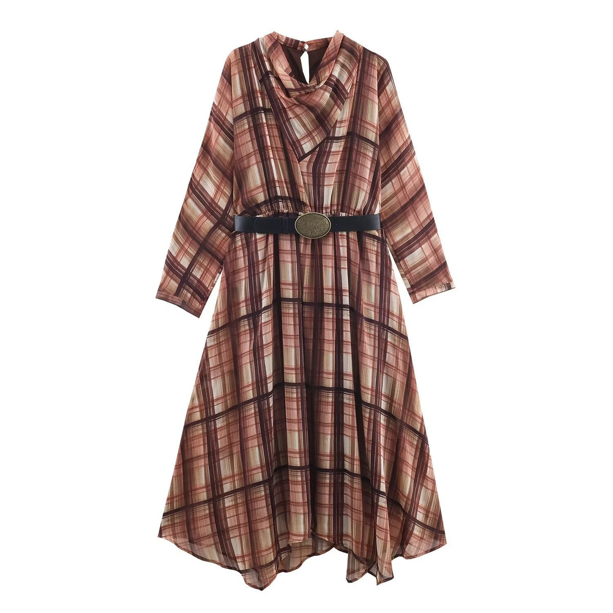 Women's Plaid Scarf-Neck Midi Dress — main product photograph