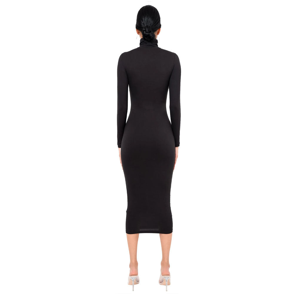 Image of Vestido midi entallado de cuello redondo para mujer