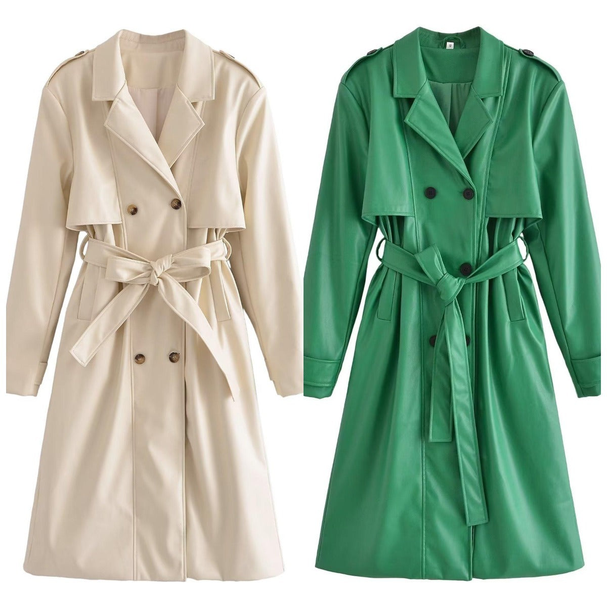 Image of Trench coat de mujer de piel sintética con doble botonadura y cinturón
