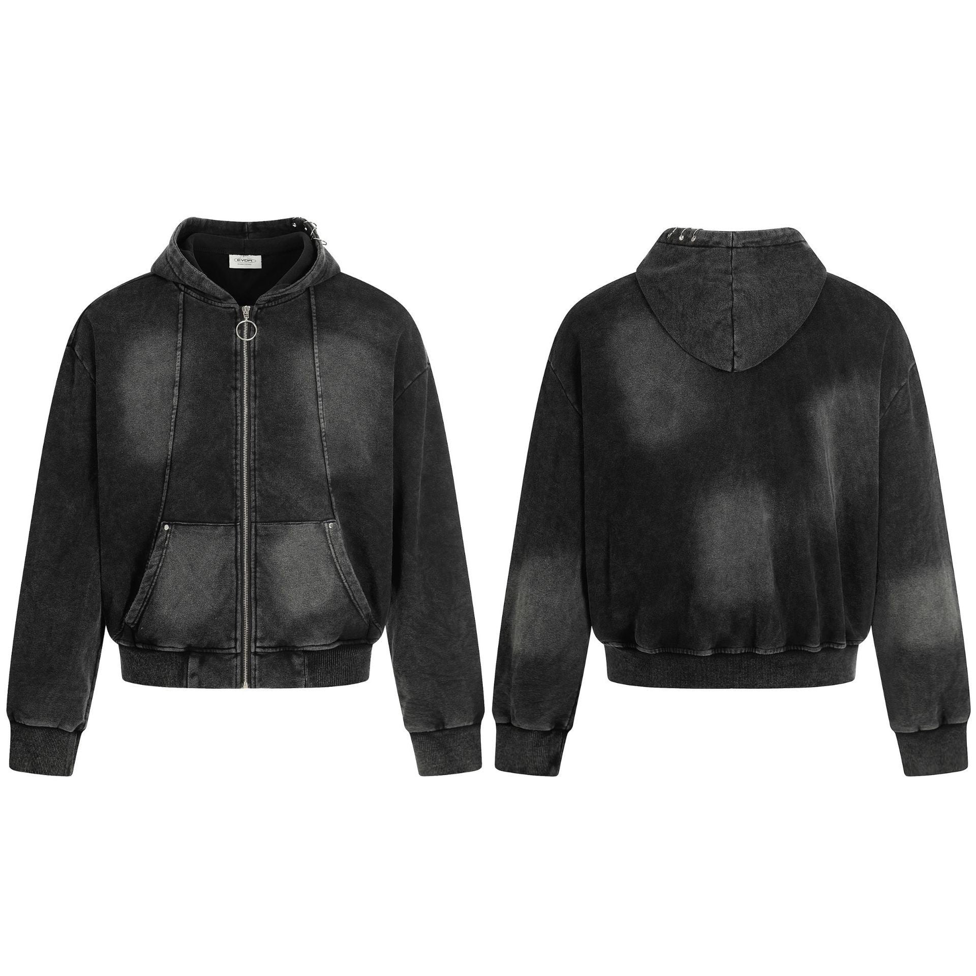 Image of Black distressed cotton zip-up hoodie
