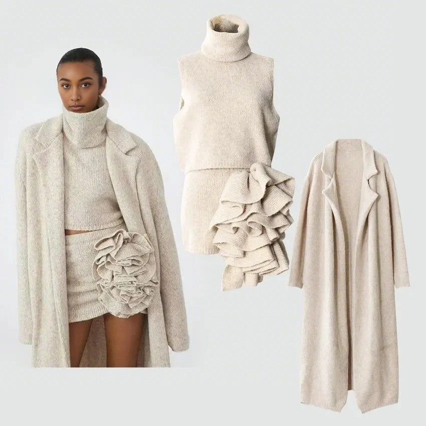 Women's three-piece turtleneck vest and skirt knit set