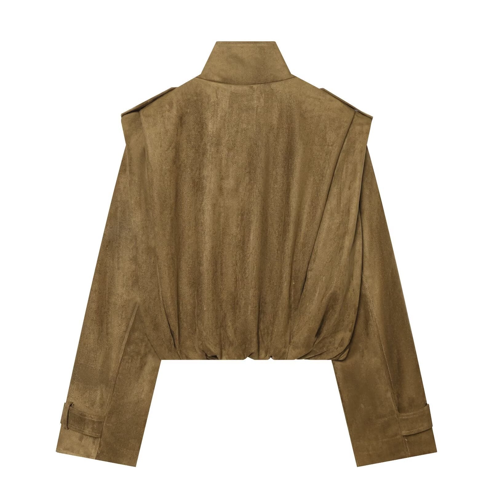 Image of Women's camel pleated stand collar trench coat