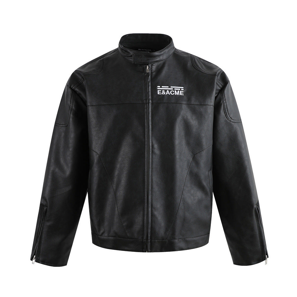 Image of Chaqueta de piel sintética con cuello mao y diseño bicolor