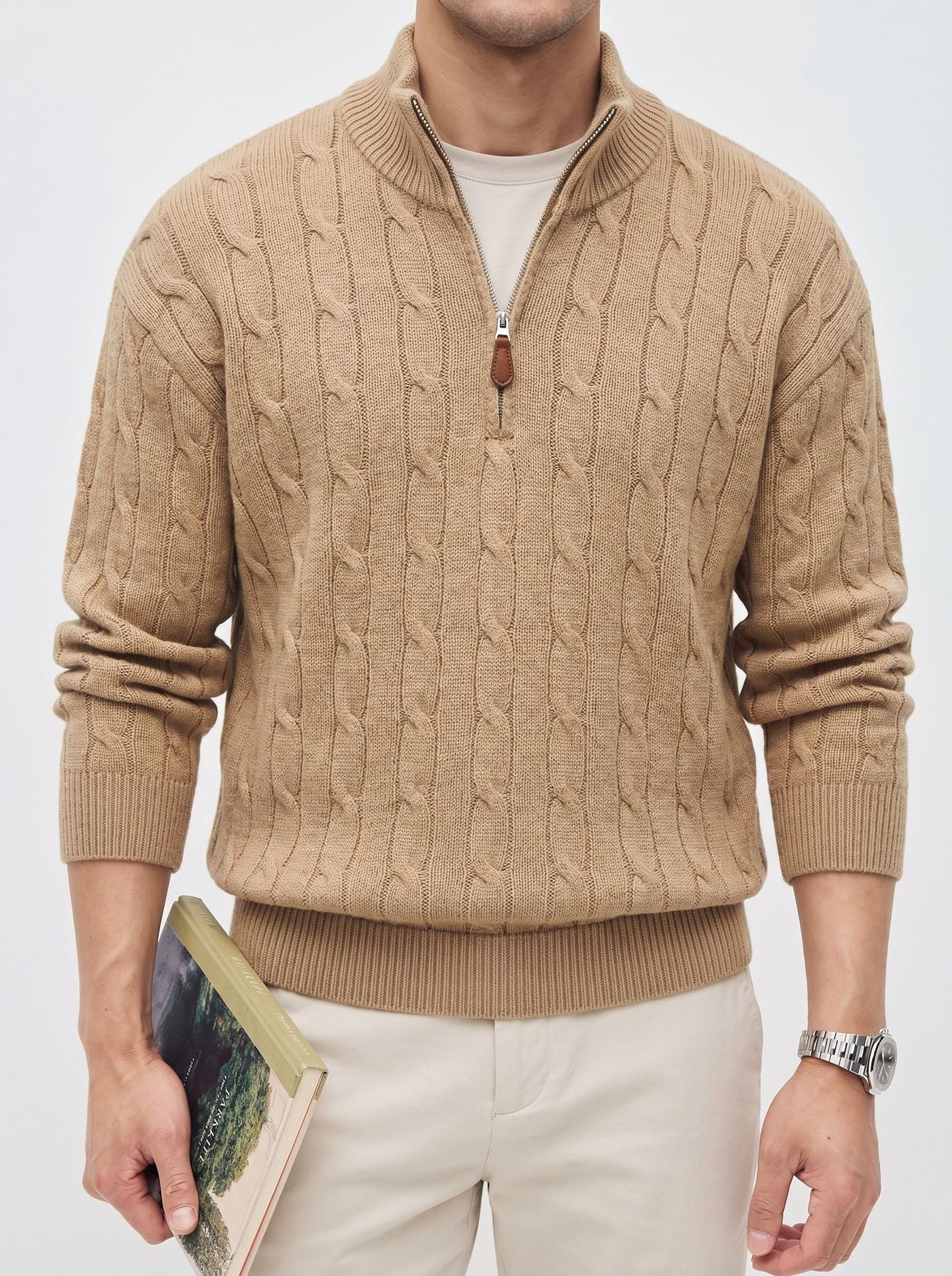 Image of Men's loose fit stand collar half-zip sweater