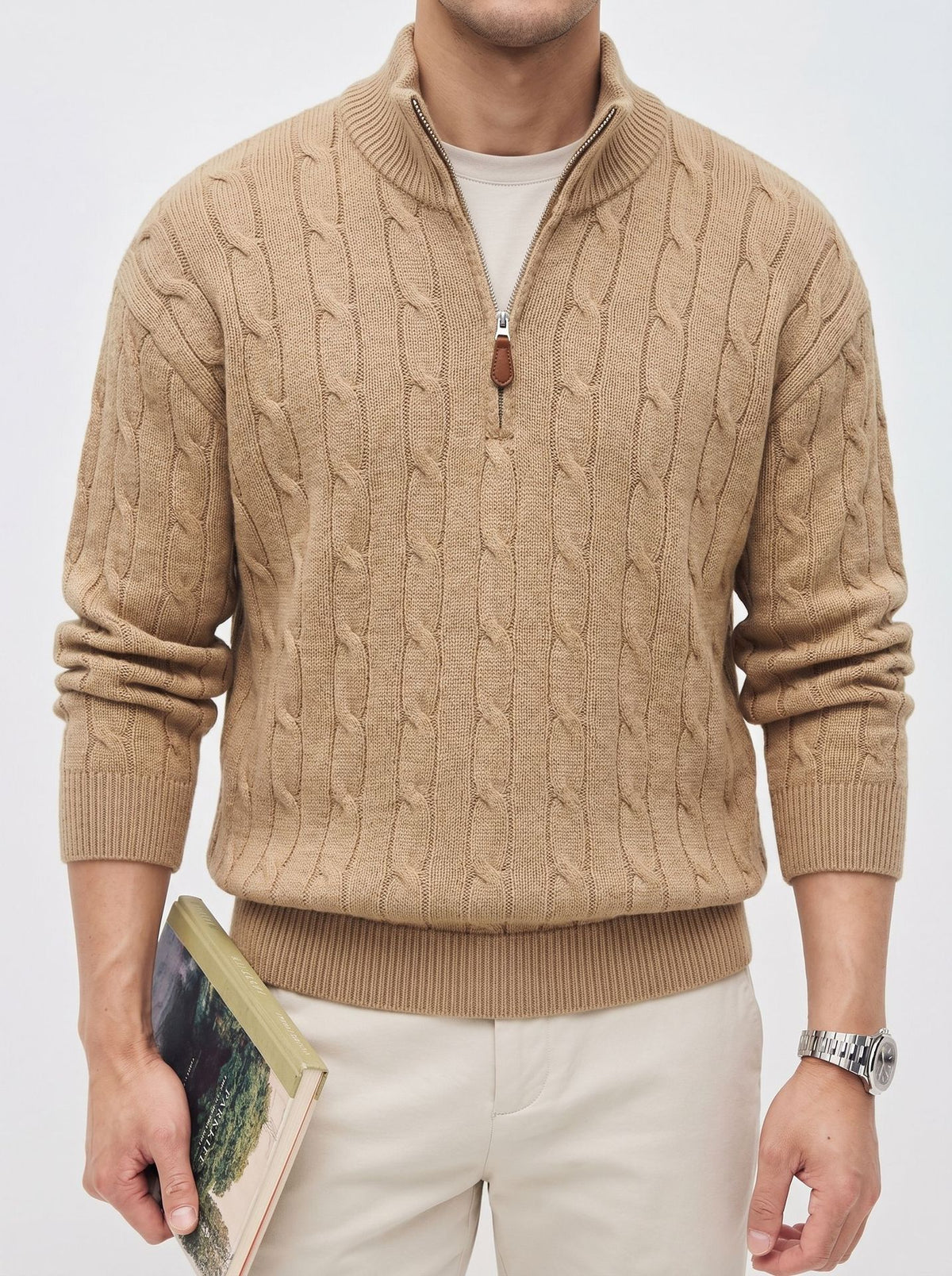 Men's loose fit stand collar half-zip sweater
