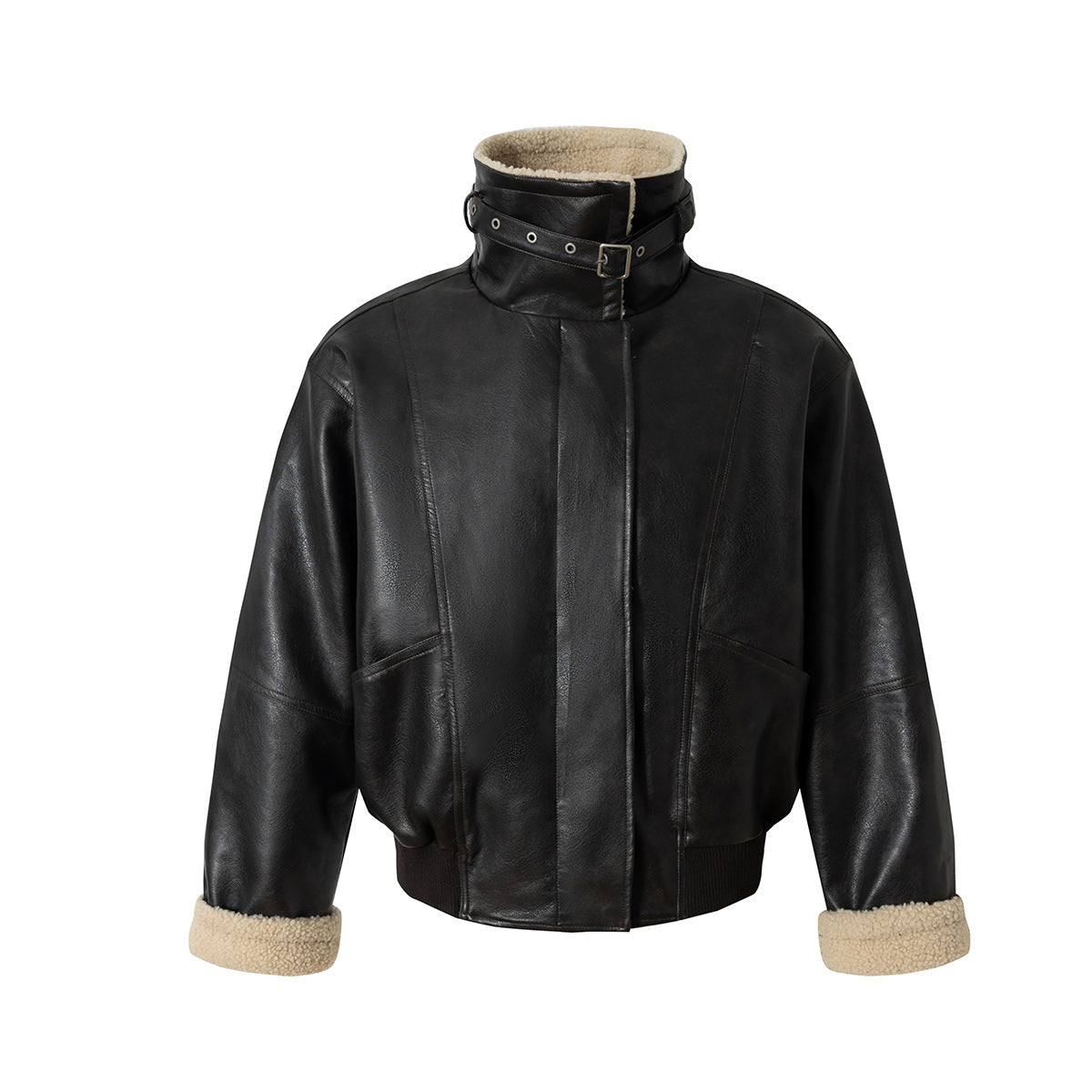 Image of Chaqueta negra de cuero sintético con cremallera y forro polar