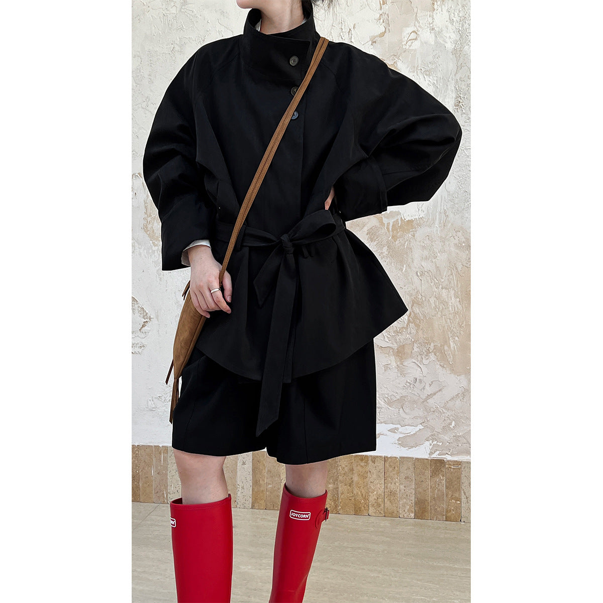 Image of Women's lace-up stand collar short trench coat