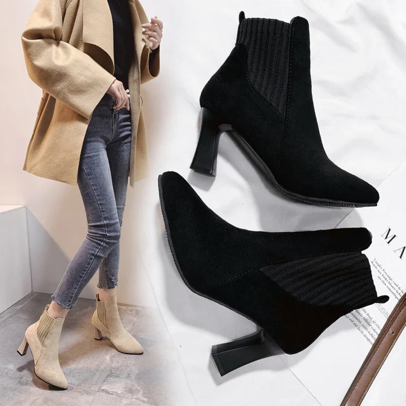 Image of Women's knitted pointed toe high heel ankle boots