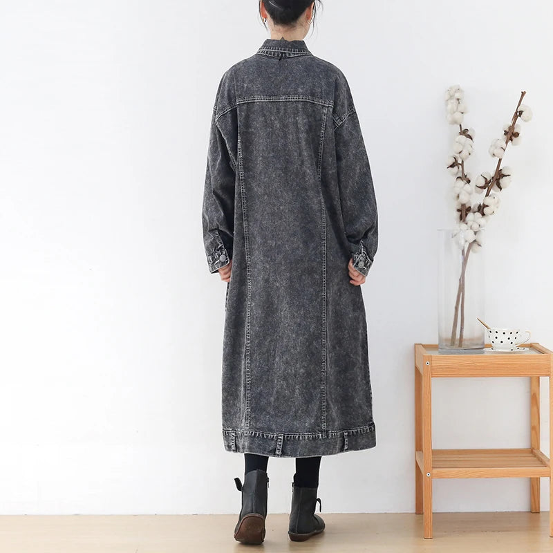Trench largo de mujer en denim gris lavado