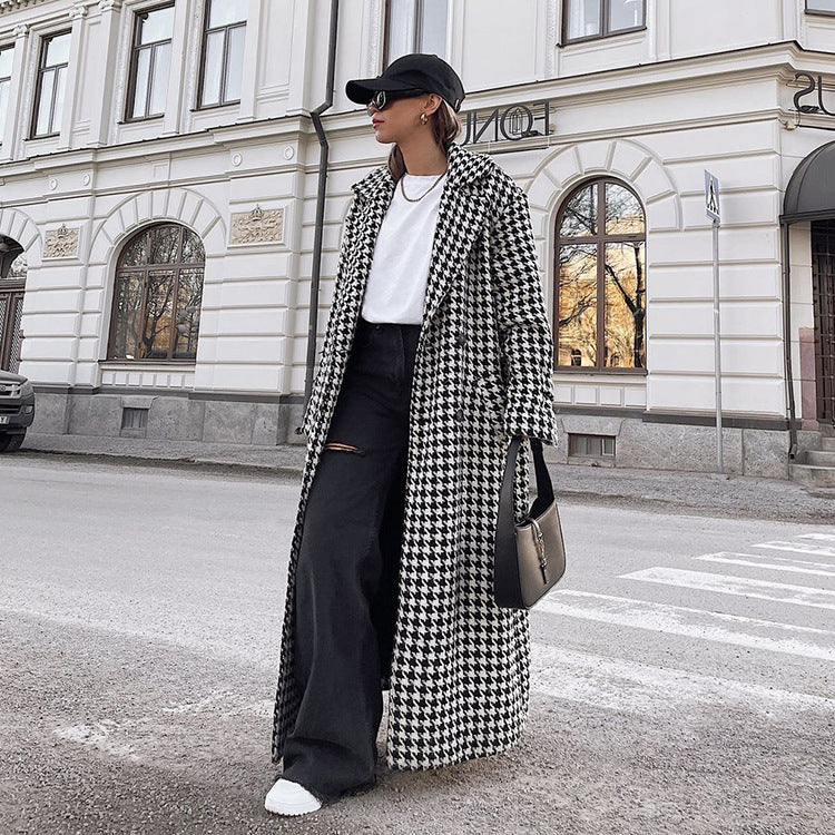 Image of Women's black and white checkered trench coat